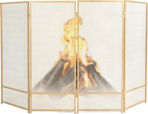 Pantalla De Chimenea Ilyapa, 4 Paneles, De Metal, Dorado