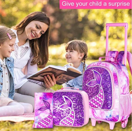 Conjunto De 3 Mochilas, Mochila Con Ruedas Para Niñas Fiusha/ Morado Sirena