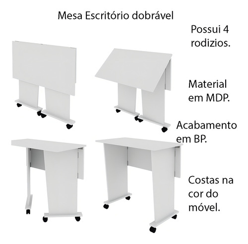 Mesa Com Rodizio Home Office Me4117 Mdp Branco - Gran Belo