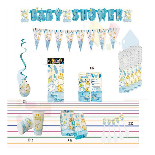 Kit Fiesta Baby Shower Hipopótamo Azul 36 Invitados + Regalo