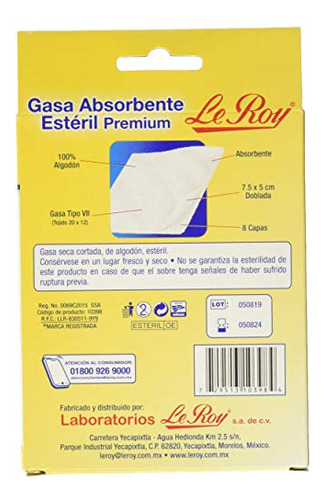 Le Roy Premium Gasa Estéril 7.5x5cm Con 10 Piezas