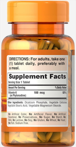 Imagen 2 de 2 de Vitamina K 100mcg Puritan's Pride - 100 Tabletas