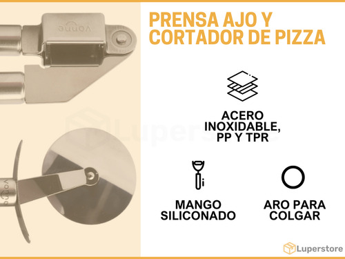 Kit X3 Utensilios Prensa Ajo, Abrelatas Y Cortador De Pizza