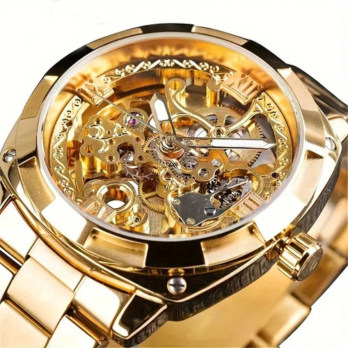 Reloj Mecánico Esqueleto Casual Elegante Para Hombre Correa Dorado Bisel Dorado Fondo Dorado