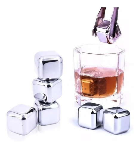 Kit 6 Cubos De Gelo Aço Inox Metal Com Pegador Whisky Drinks