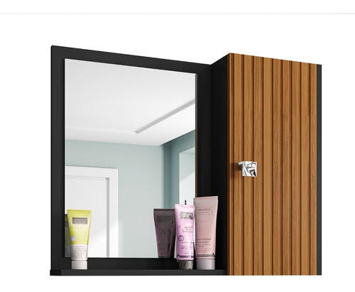 Móveis Bechara armário banheiro de parede superior aéreo com espelho cor do móvel preto ripado