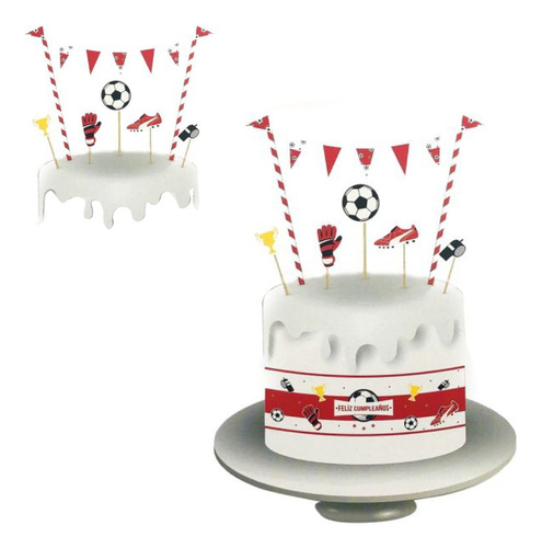 Adorno Torta Cake Topper Futbol Rojo Y Blanco River Banderin