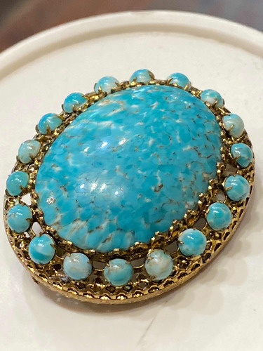 Luli Broche Prendedor Vintage Filigrana Dorado Turquesa Imit