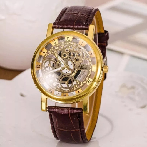Relógio Dourado Esqueleto Masculino Transparente Luxuoso
