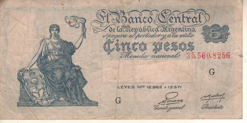 Bottero 1865 - Billete De 5 Pesos Mon. Nac. Año 1953 - Vf- 