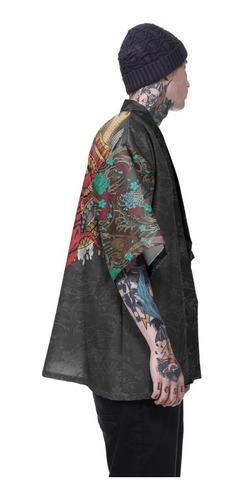 Imagem 2 de 3 de Kimono Haori Oriental Japão Oni Mascara Mask Onda Kanagawa