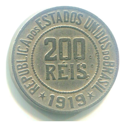 Moeda Do Brasil 200 Réis 1919 Cuproníquel V91 Mbc/ Sob L.725