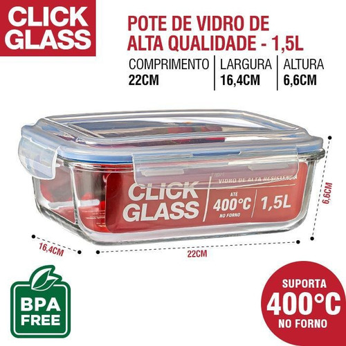 Imagem 6 de 6 de Kit 4 Potes De Vidro Herméticos Alta Qualidade Click Glass
