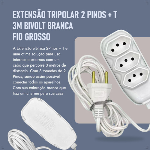 Extensão Elétrica 3 Metros Fio Grosso 3 Tomada 3 Pino Cor Branco