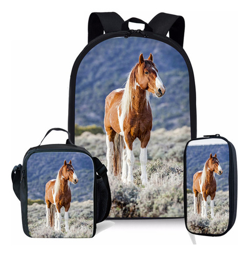 Conjunto De 3 Mochilas Escolares Com Estampa De Cavalo E Pôn Cor 2
