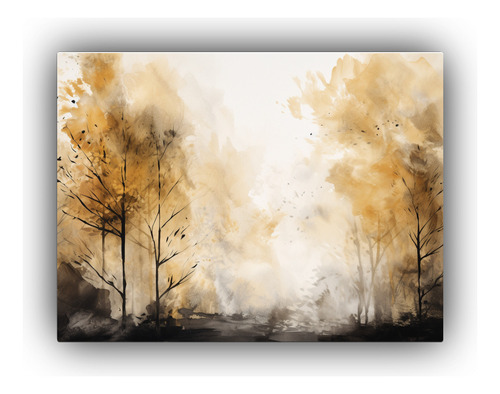 65x50cm Cuadro Abstracto Árbol En Bosque Oro Y Negro Flores