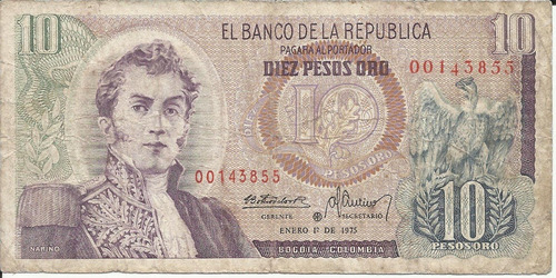 Colombia Reposición 10 Pesos 1 Enero 1975