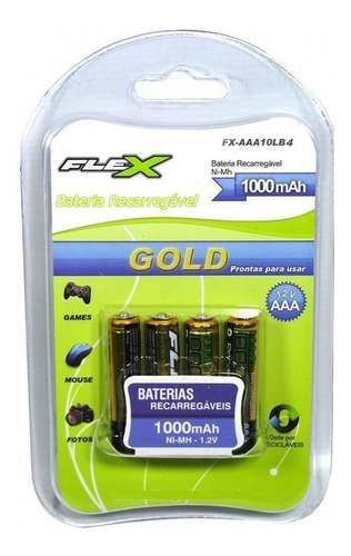 Pilha Recarregável Palito Aaa 1000mah Cartela 4 Pçs Flexgold