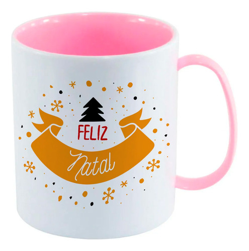 Caneca Infantil Rosa Bb Frase Feliz Natal Faixa Dourada Bril