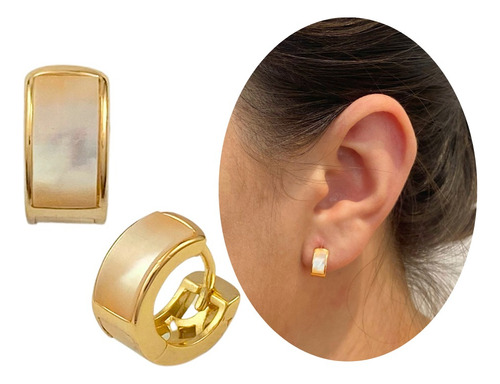 Brinco Argola Feminina Com Madrepérola Banhado A Ouro 18k