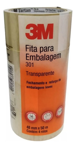 Kit 4 Fita Adesiva 301 Embalagem 3m Transparente 48mm X 50m