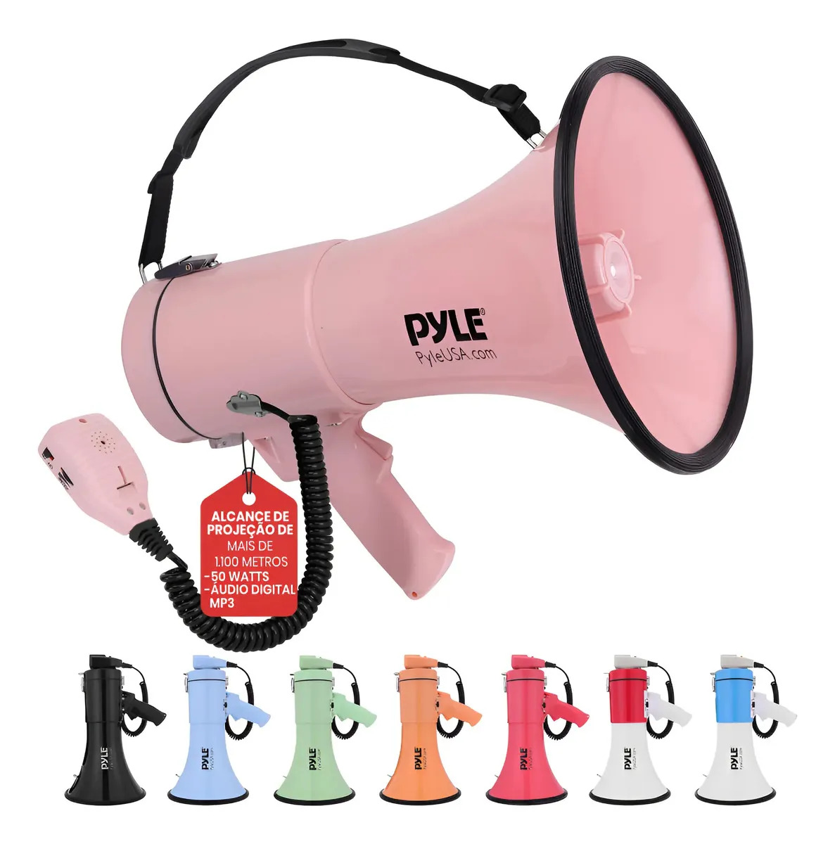Megafone Pyle Recarregável Profissional 50w Fala Grava Aux Cor Rosa