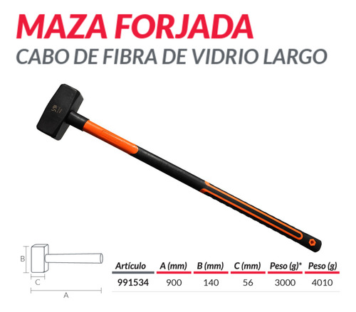 Martillo Maza Biassoni Forjada 3kg. Cabo Largo Fibra Vidrio