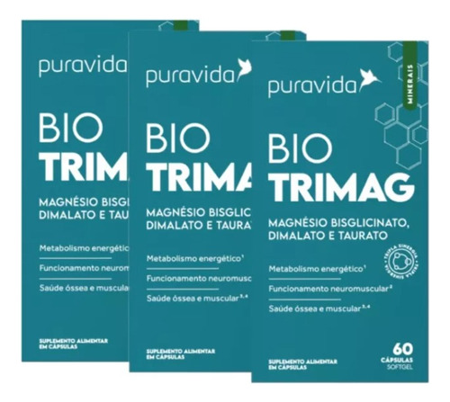 Kit 3x Bio Trimag Puravida - Tripla Sinergia 60 Caps Cada Sabor Sem Sabor