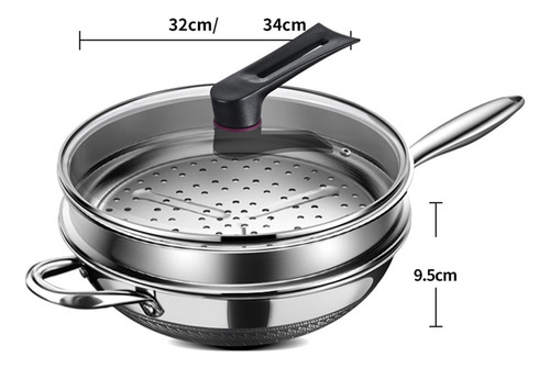 Juego De Sartén Wok De Acero Inoxidable Con Inserto De 34cm