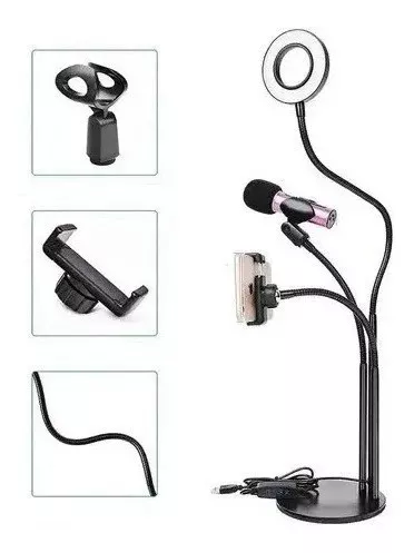 Aro Luz Led Selfie Foto Soporte Celular Microfono 3 En 1