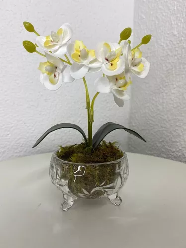 Mini Arranjo Orquídeas Silicone Vaso Luxo Vidro Decoração