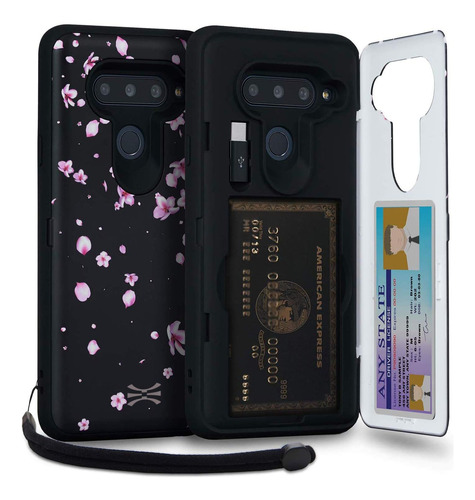 Funda Negra Flores Tarjetera Para LG V40 Thinq