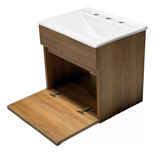 Vanitory Baño Colgante Madera Mdf + Bacha Acrílico 50cm Marrón Blanco Tres Agujeros