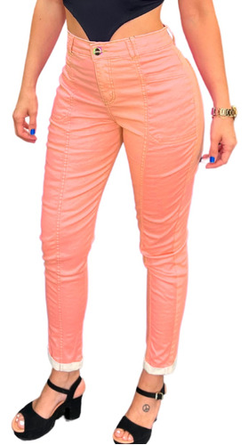 Calça Mom Jeans Sarja Neon Colorida Lycra Bolso Smart Solta