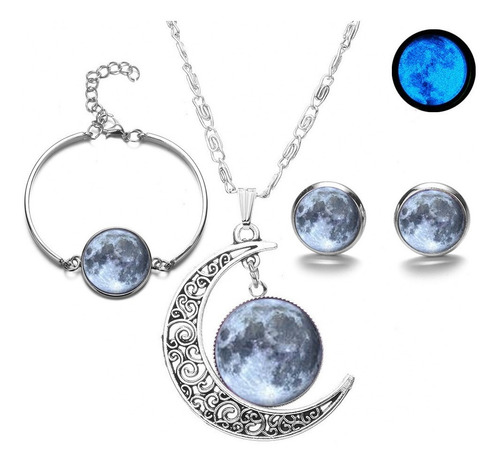 Collar Luna Set Aretes Pulsera Brilla En La Oscuridad Mujer
