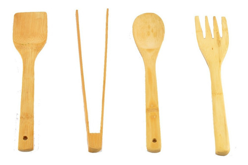 Utensilios + Pinza De Madera Bambu Set X 4  - Ecologico