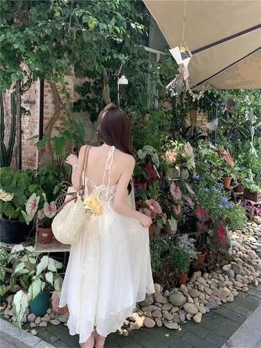 Vestido Largo De Gasa Sin Espalda Con Cuello Colgante De Ver