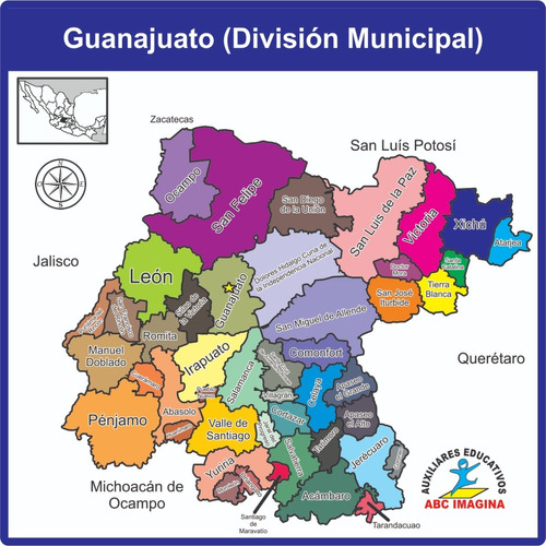 Mapa De Guanajuato En Lona A Color 1 X 1 Lavable