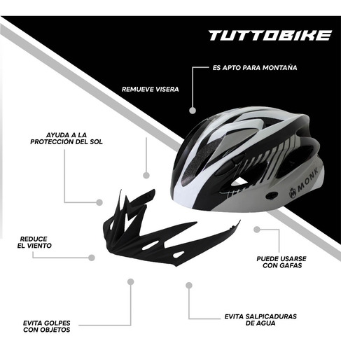 Imagen 6 de 10 de Casco Bicicleta Ruta Y Montaña Luz Led Y Visor Ciclismo Monk