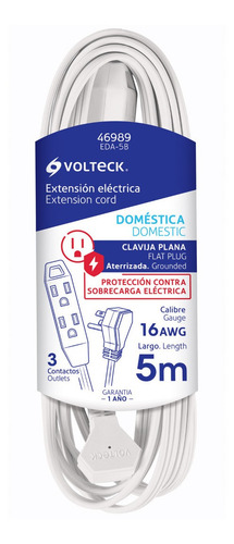 Extensión Doméstica 5 M Blanca Aterrizada Con Clavija Plana
