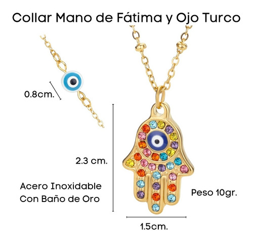 Imagen 2 de 8 de Ojo Turco Mano De Fatima Dije Collar Mujer Protección Acero