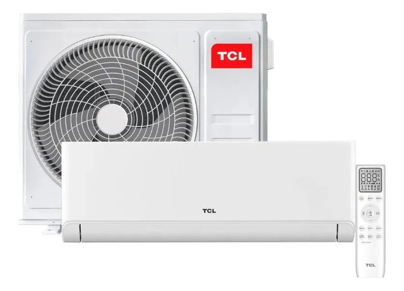 Conjunto de ar condicionado split TCL na cor branca, composto pela unidade externa, unidade interna e controle remoto.