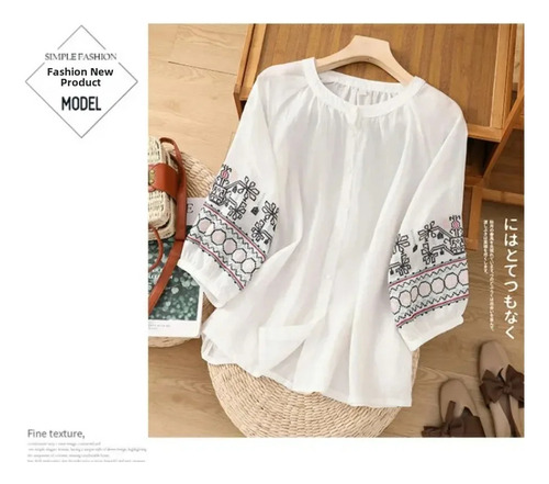 Blusa Bordada De Lino Y Algodón Con Mangas Tipo Farol De M