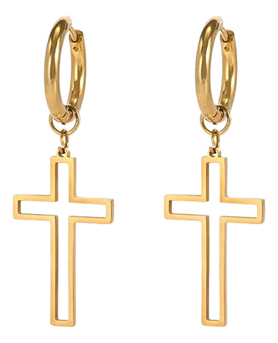 Aretes Pendientes Acero Inoxidable Color Oro Cruz Crucifijo