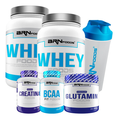 2x Whey 900 + Bcaa + Creatina + Glutamina+ Shaker- Brn Foods Sabor Morango