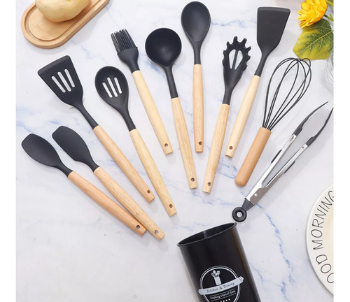 Utensilios Silicona De Cocina Premium Espatula Brocha 12 Set Negro