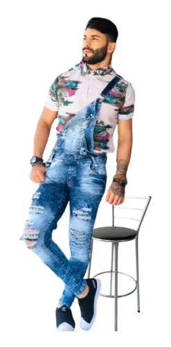 Jardineira jeans cheap homem