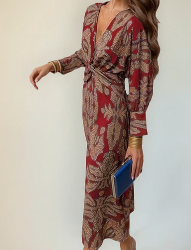 Vestido Midi Com Estampa De Outono 2024wish Com Decote Em V
