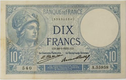 Billete Francia 10 Francos 1931 Minerva Diosa De Sabiduría