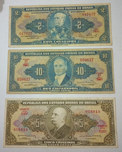 Serie 3 Billetes De Brasil 2 - 5 Y 10 Cruzeiros 1952